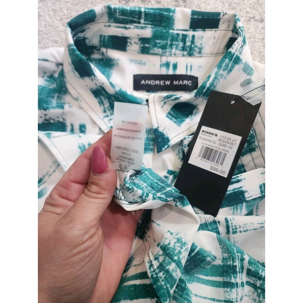 NEW ANDREW MARC WOMENS BELTED SHIRT DRESS SIZE 10 Green White Button Up - Picture 7 of 12